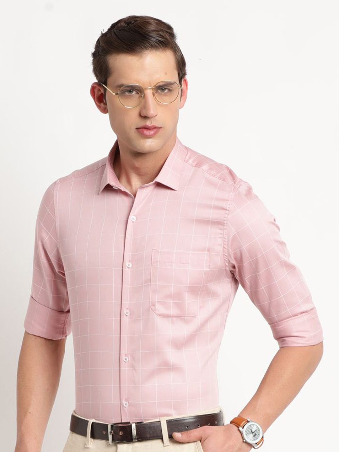 

Turtle Men Standard Spread Collar Checked Cotton Formal Shirt, Pink