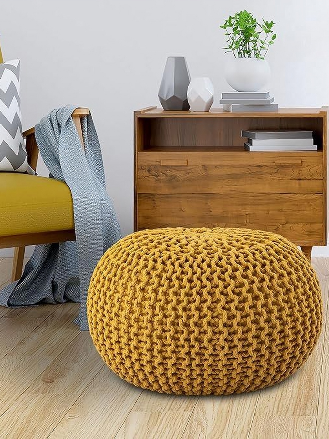 

SANYOG DESIGNS Yellow Knitted Pure Cotton Oval Pouf