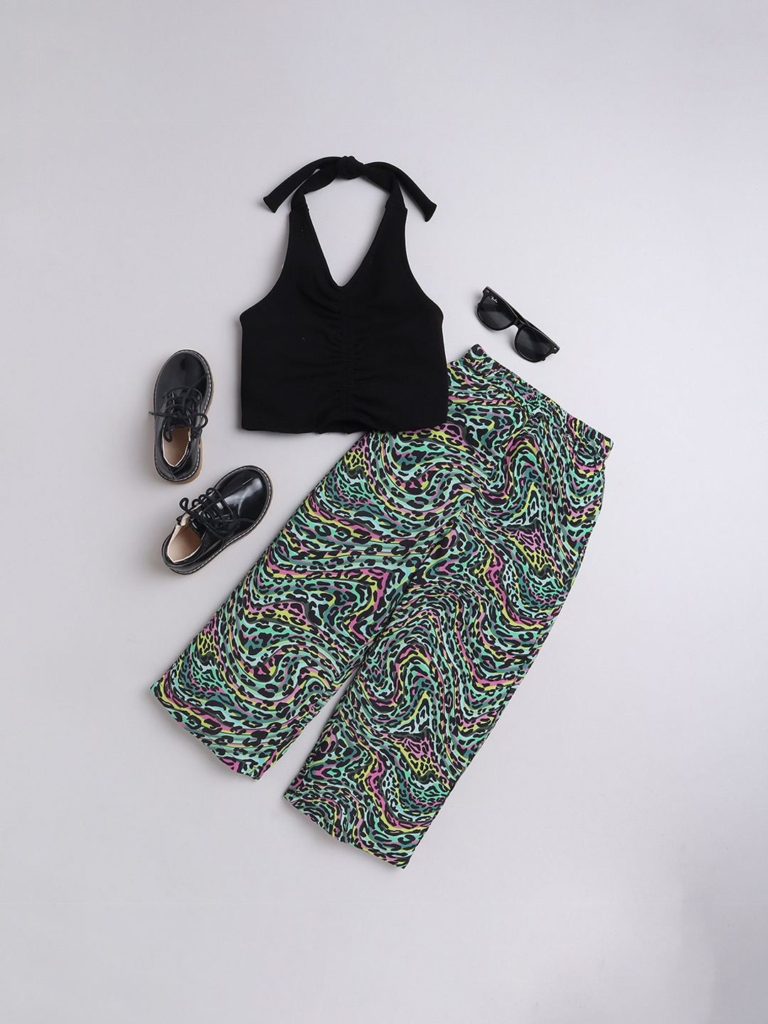 

taffykids Girls Halter Neck Crop Top With Trousers, Black