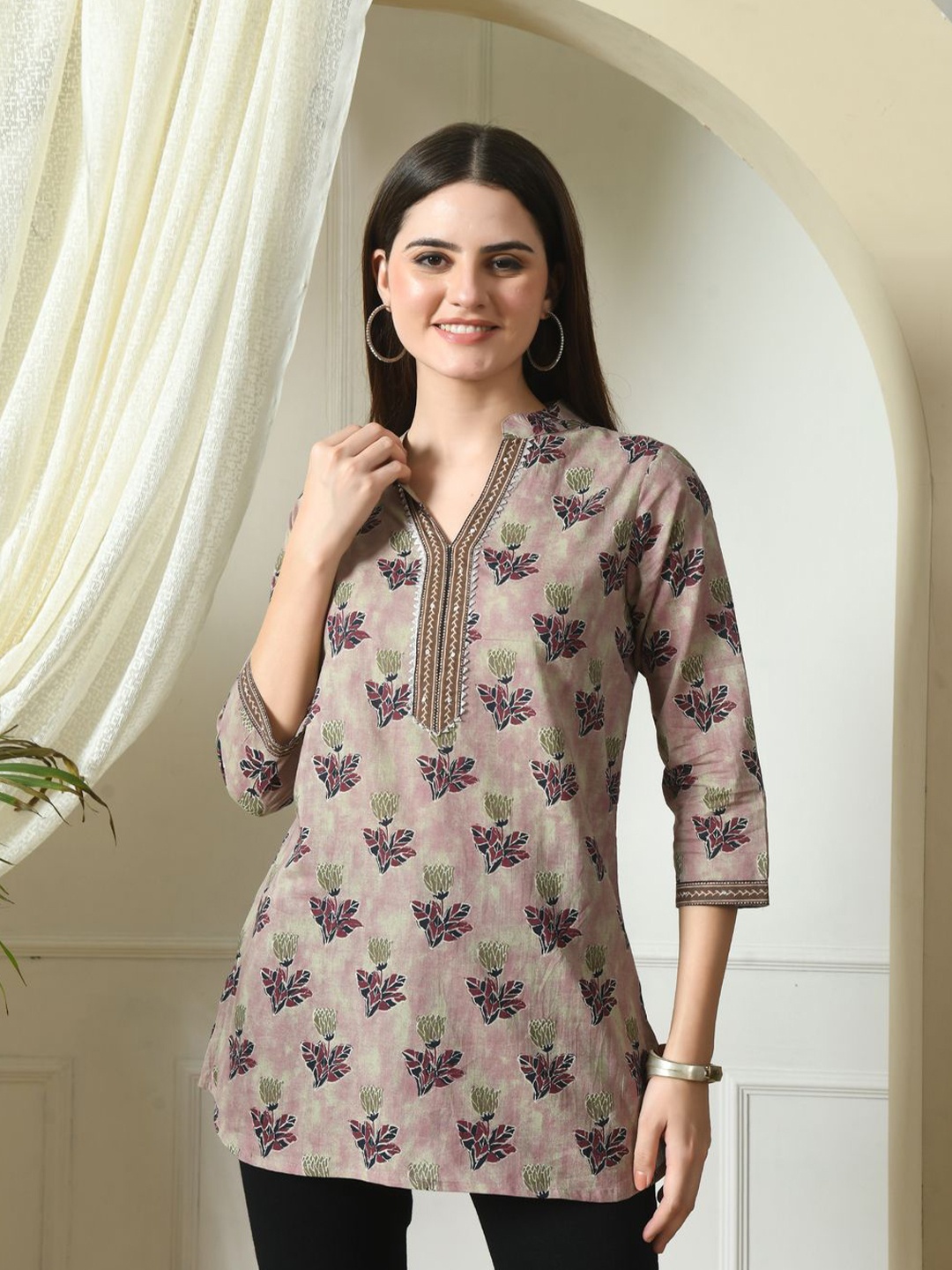 

KALINI Mandarin Collar Printed Tunic, Brown