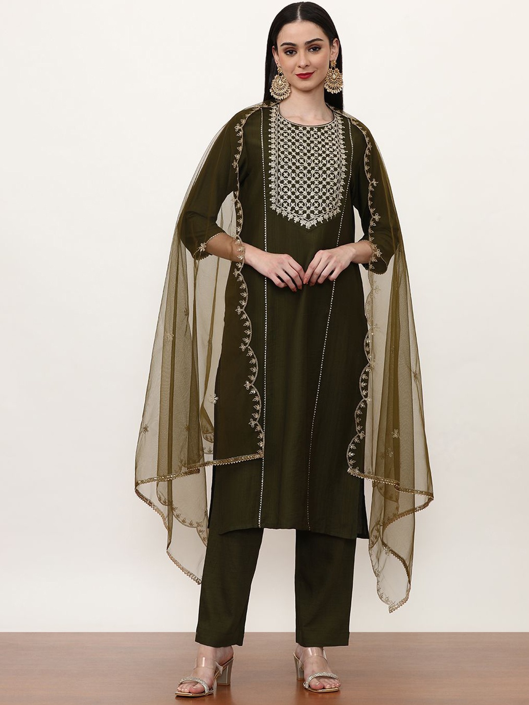 

Jaipur Kurti Green Ethnic Motifs Embroidered Straight Kurta With Trousers & Dupatta