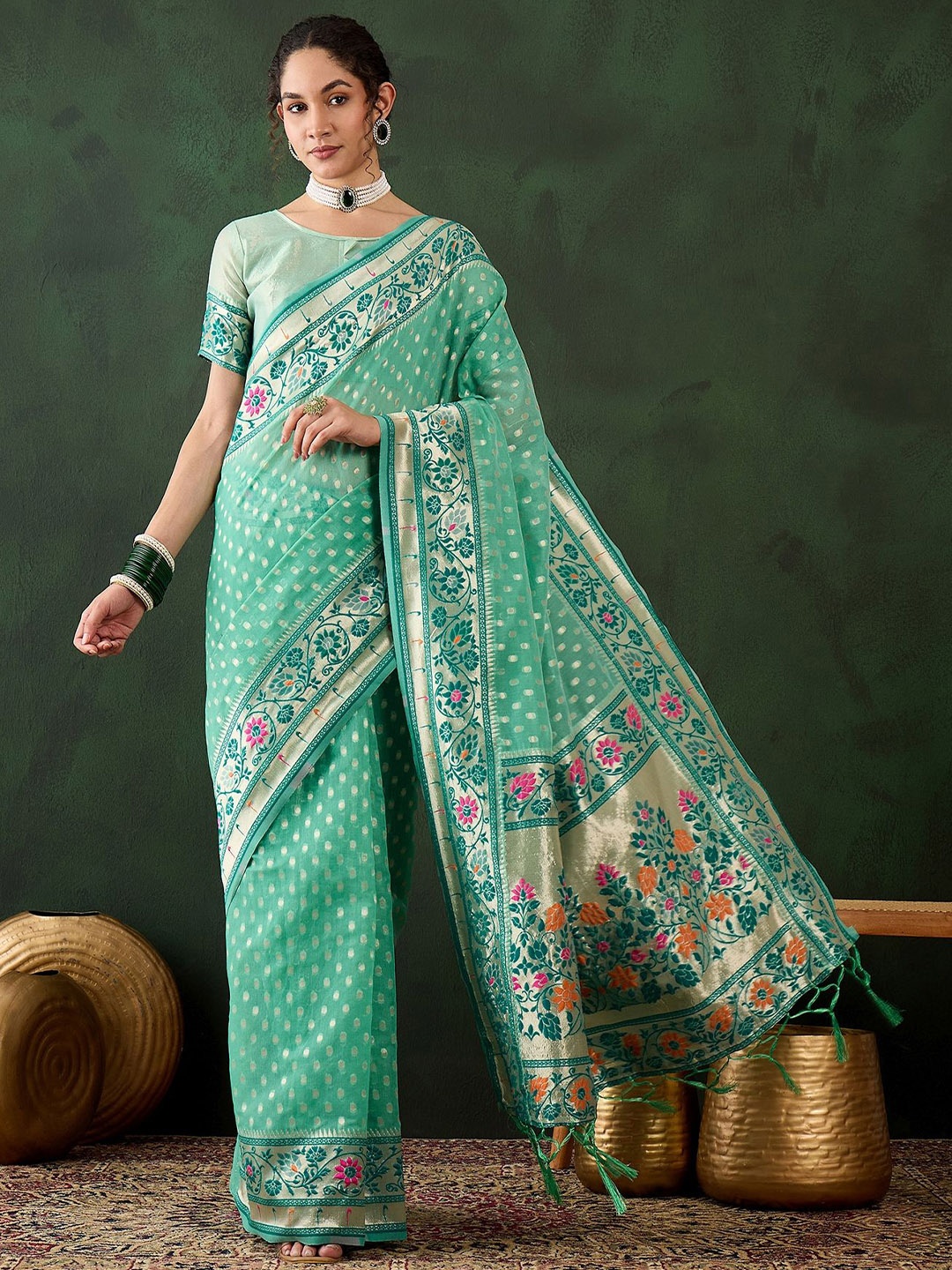 

Kalista Woven Design Zari Saree, Sea green