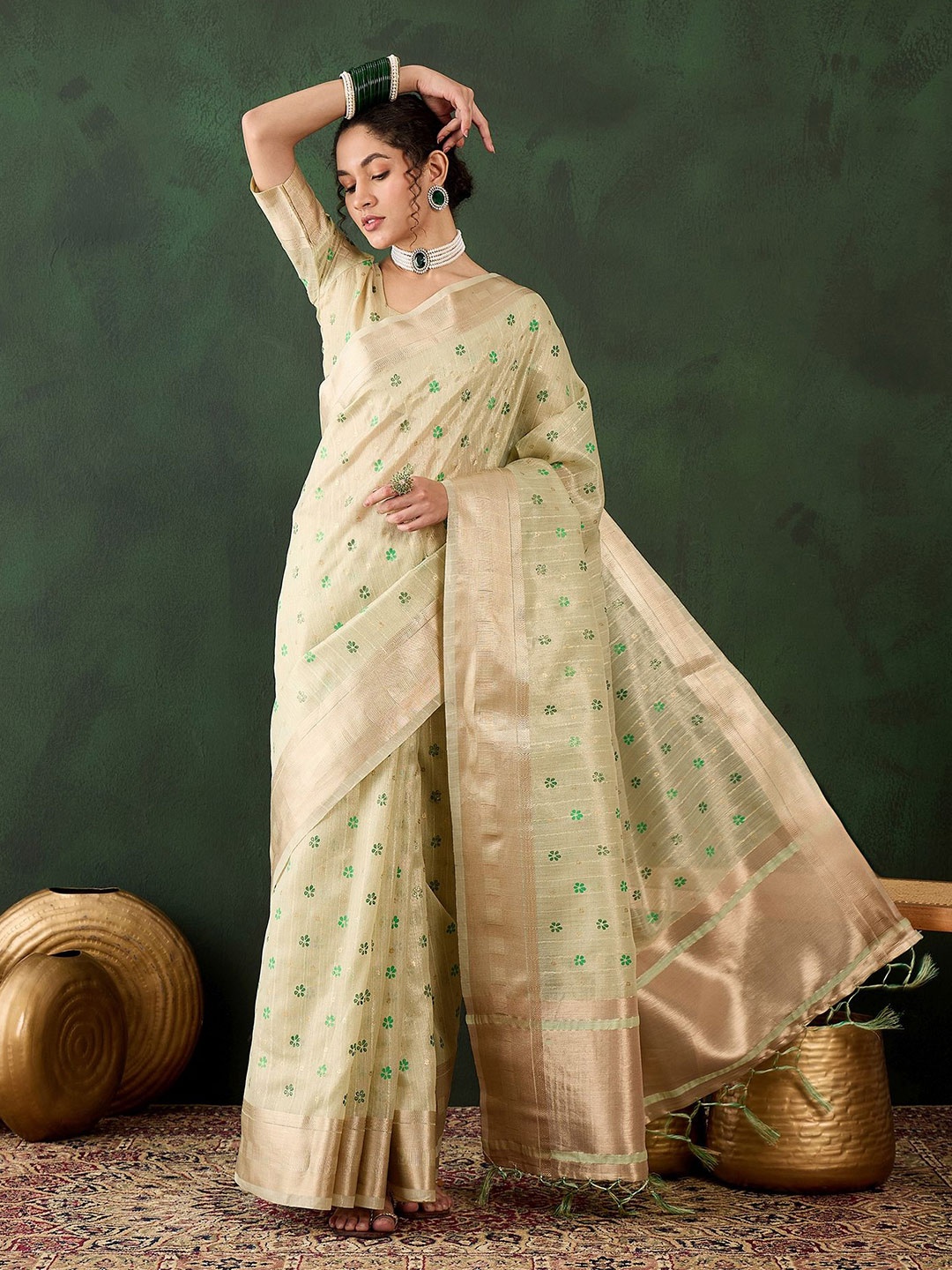 

Kalista Floral Zari Organza Saree, Green