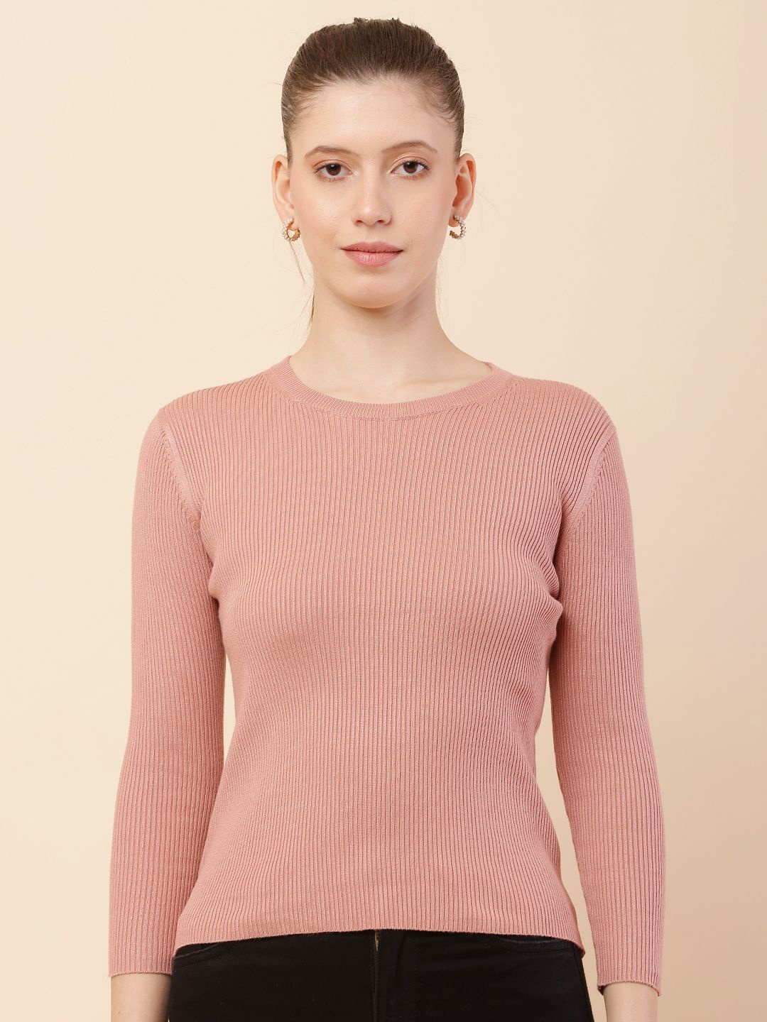 

NoBarr Women Round Neck Pullover Sweaters, Peach