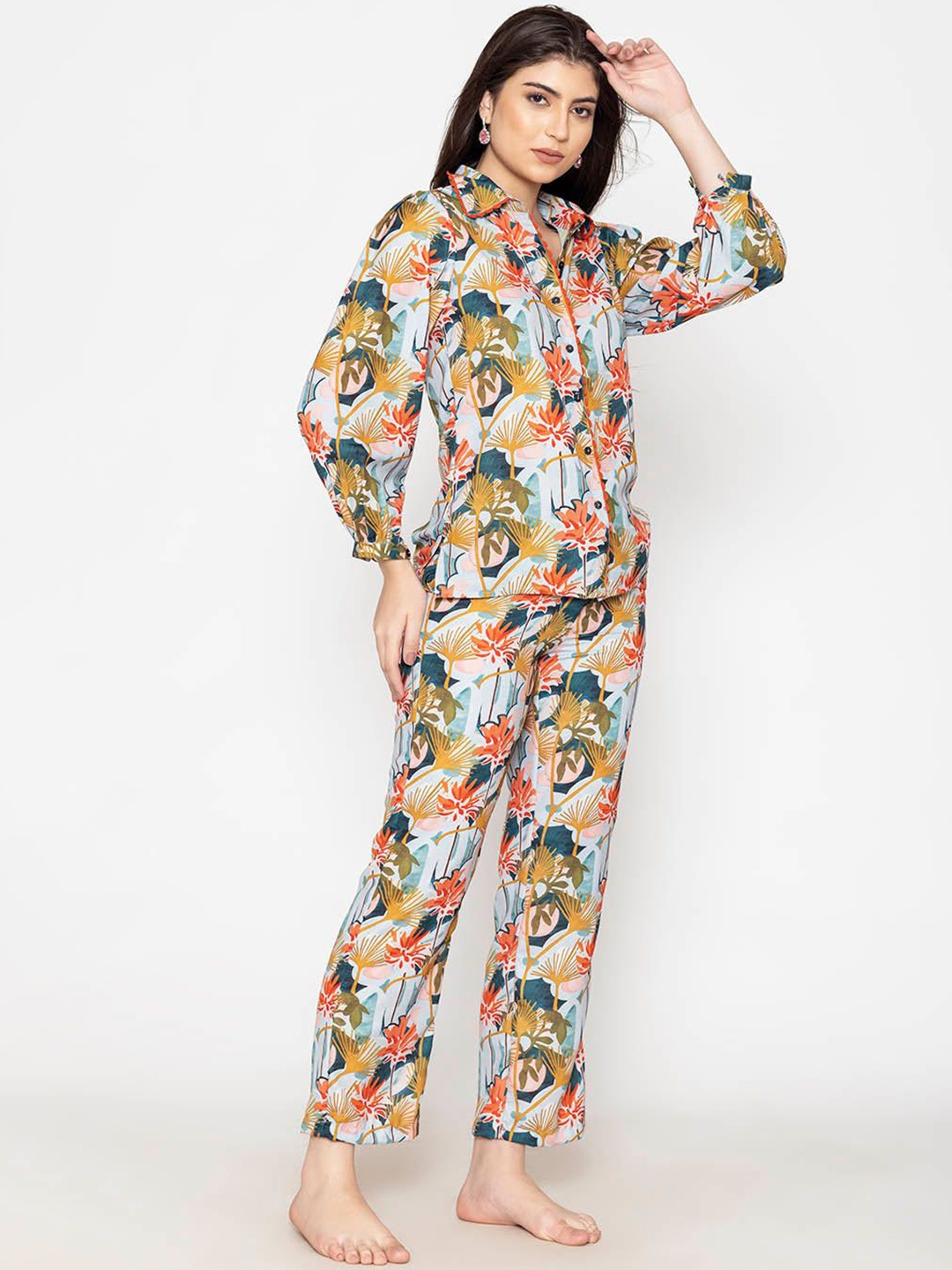 

DESIGNS BY QUEEN BEE Women Floral Printed Long Sleeves Shirt with Pyjama, Yellow