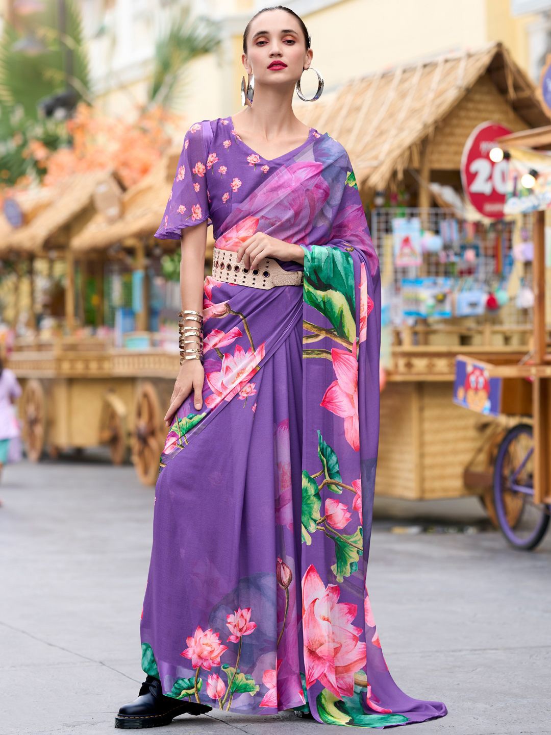 

Panzora Floral Poly Georgette Saree, Lavender