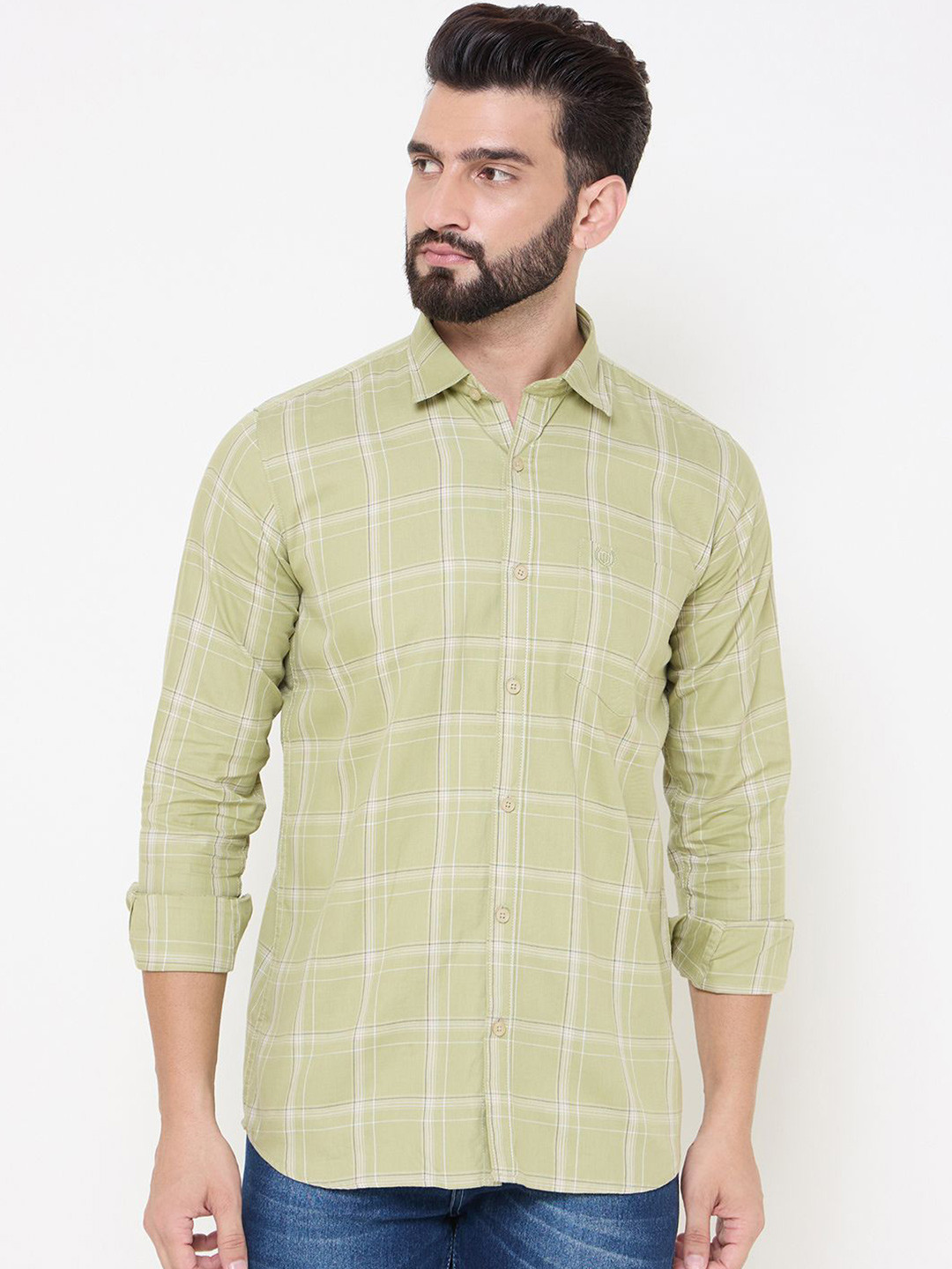 

Duke Men Spread Collar Tartan Checked Cotton Slim Fit Casual Shirt, Green