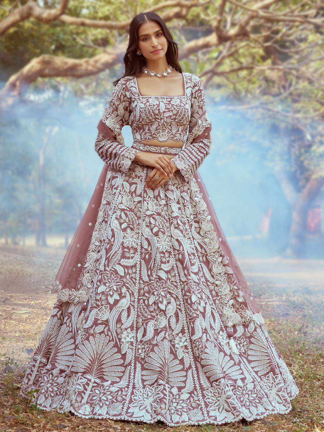 

panchhi Embellished Beads & Stones Semi-Stitched Lehenga & Unstitched Blouse With Dupatta, Rose gold