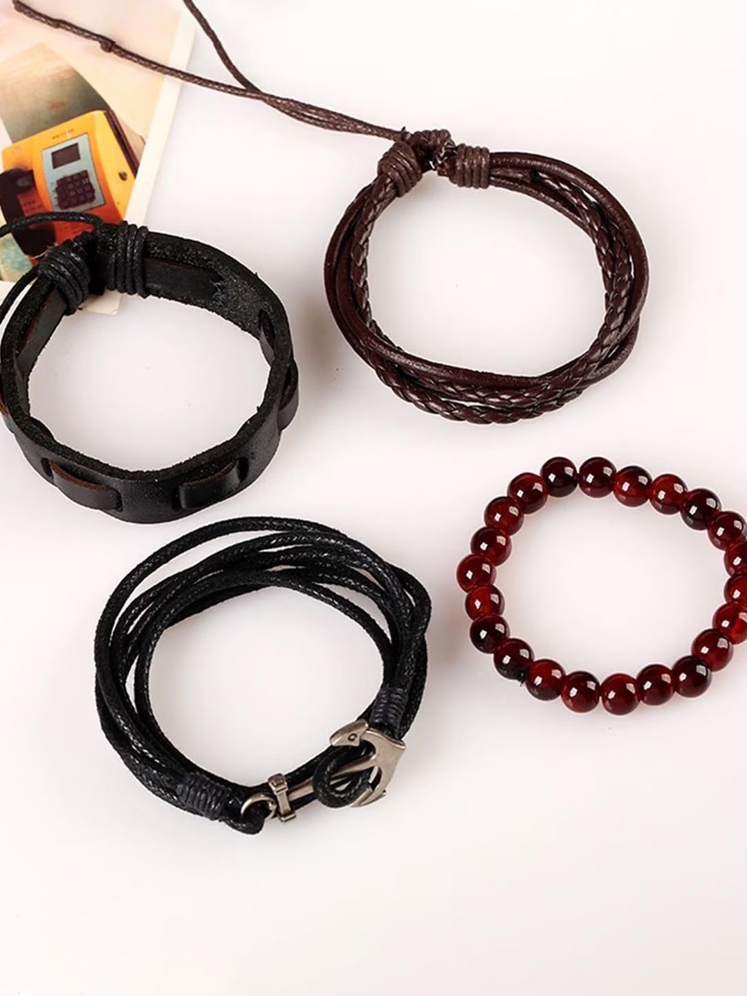 

The Roadster Lifestyle Co Men Set Of 4 Beaded & Braided Leather Layer Adjustable Bracelet, Brown