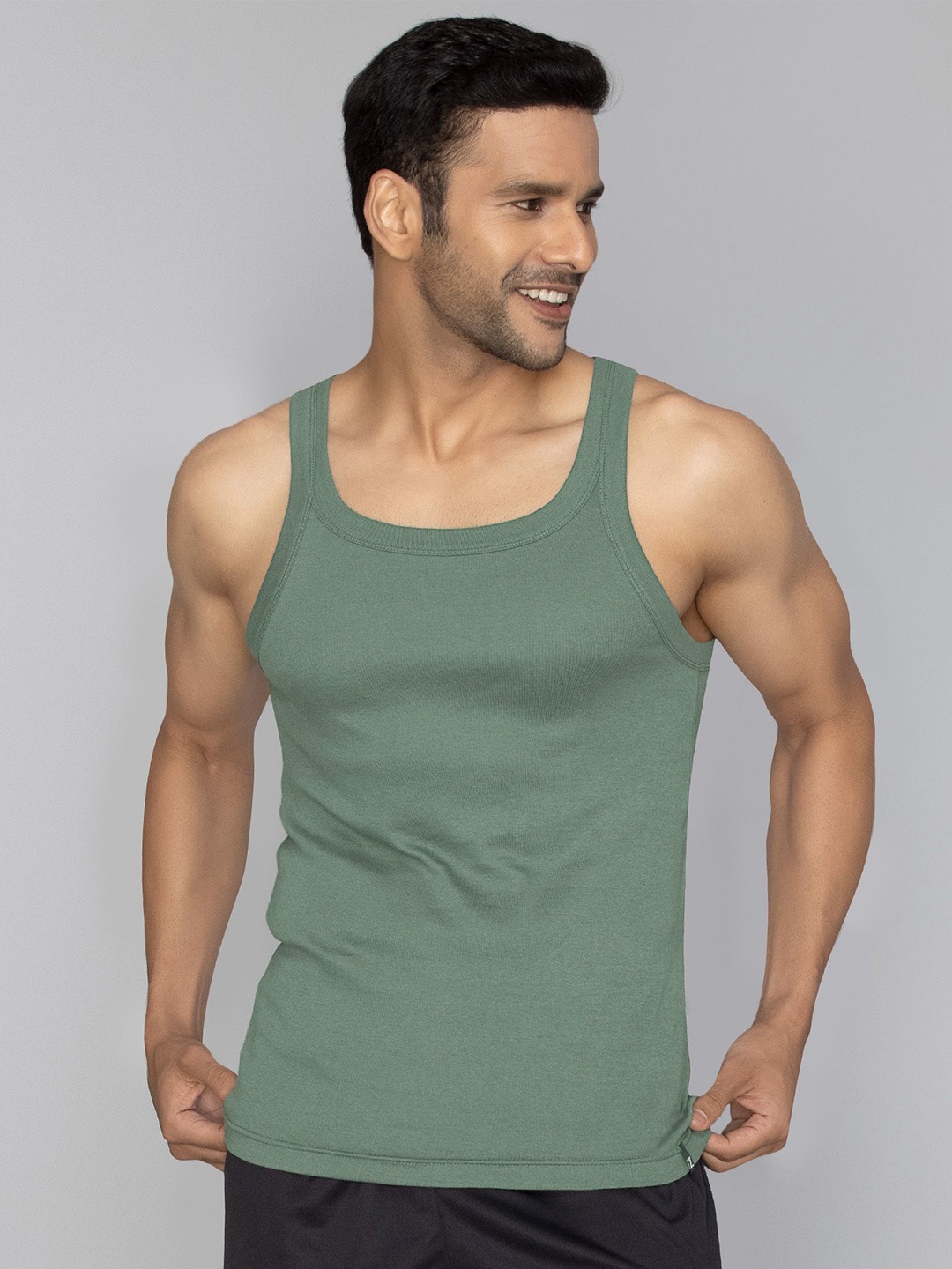 

XYXX Men Cotton Square Neck Gym Vest, Olive