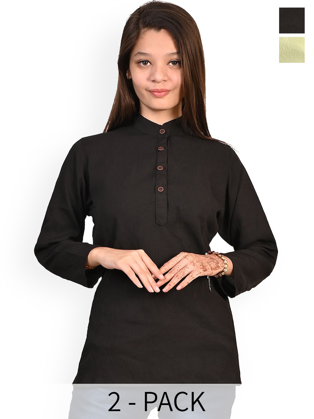 

BAESD Girls Pack of 2 Band Collar Crepe Straight Kurta, Black