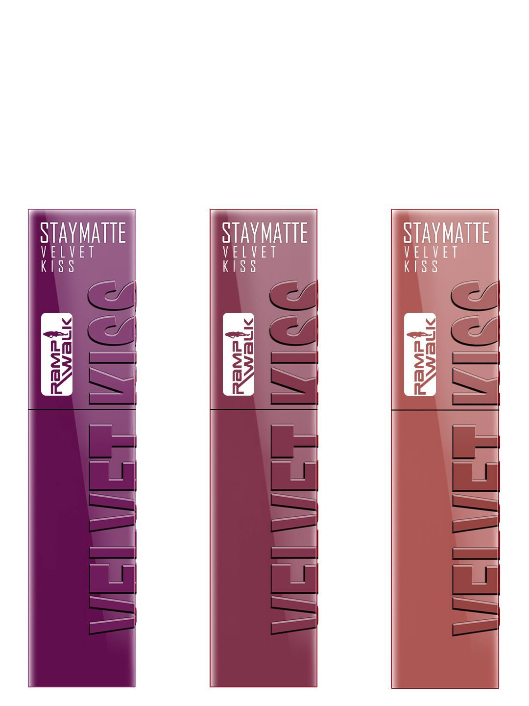 

Ramp Walk Set Of 3 Velvet Kiss Liquid Lipstick 3.5 ml Each - Wine- Light Mauve- Nude, Purple