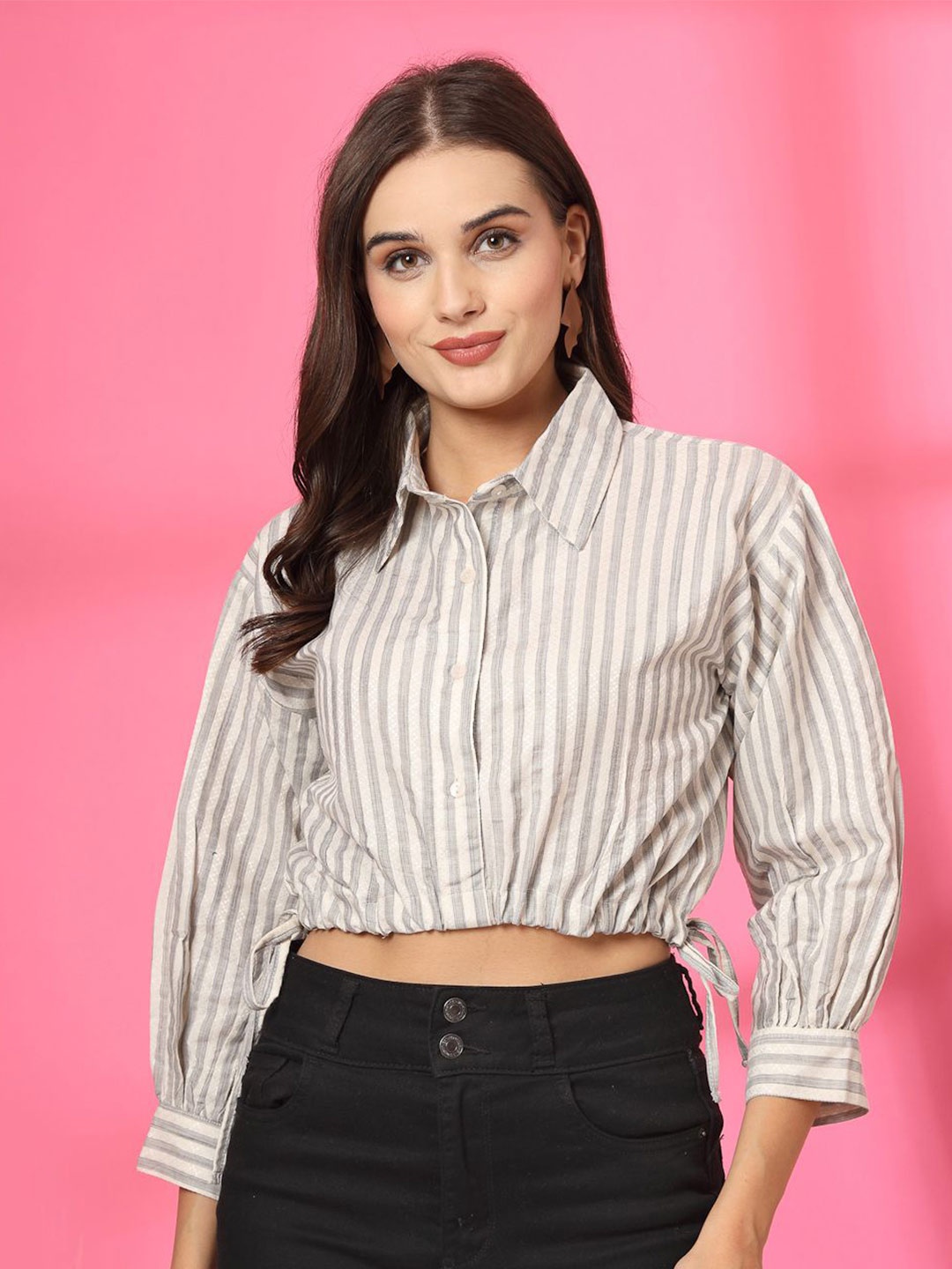 

plusS Women Vertical Stripes Striped Cotton A-Line Crop Top, White