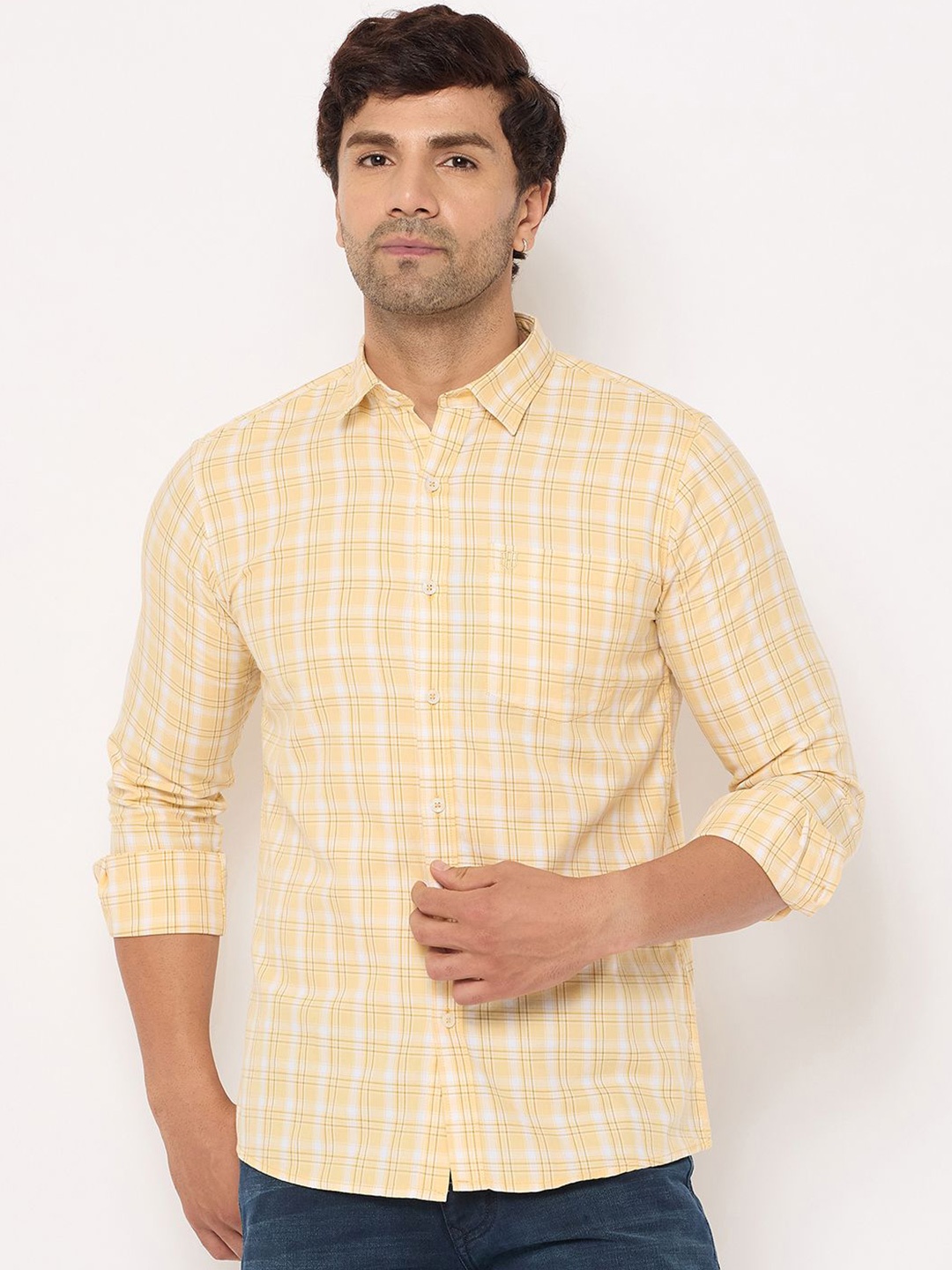 

Duke Men Spread Collar Windowpane Checked Cotton Slim Fit Casual Shirt, Yellow