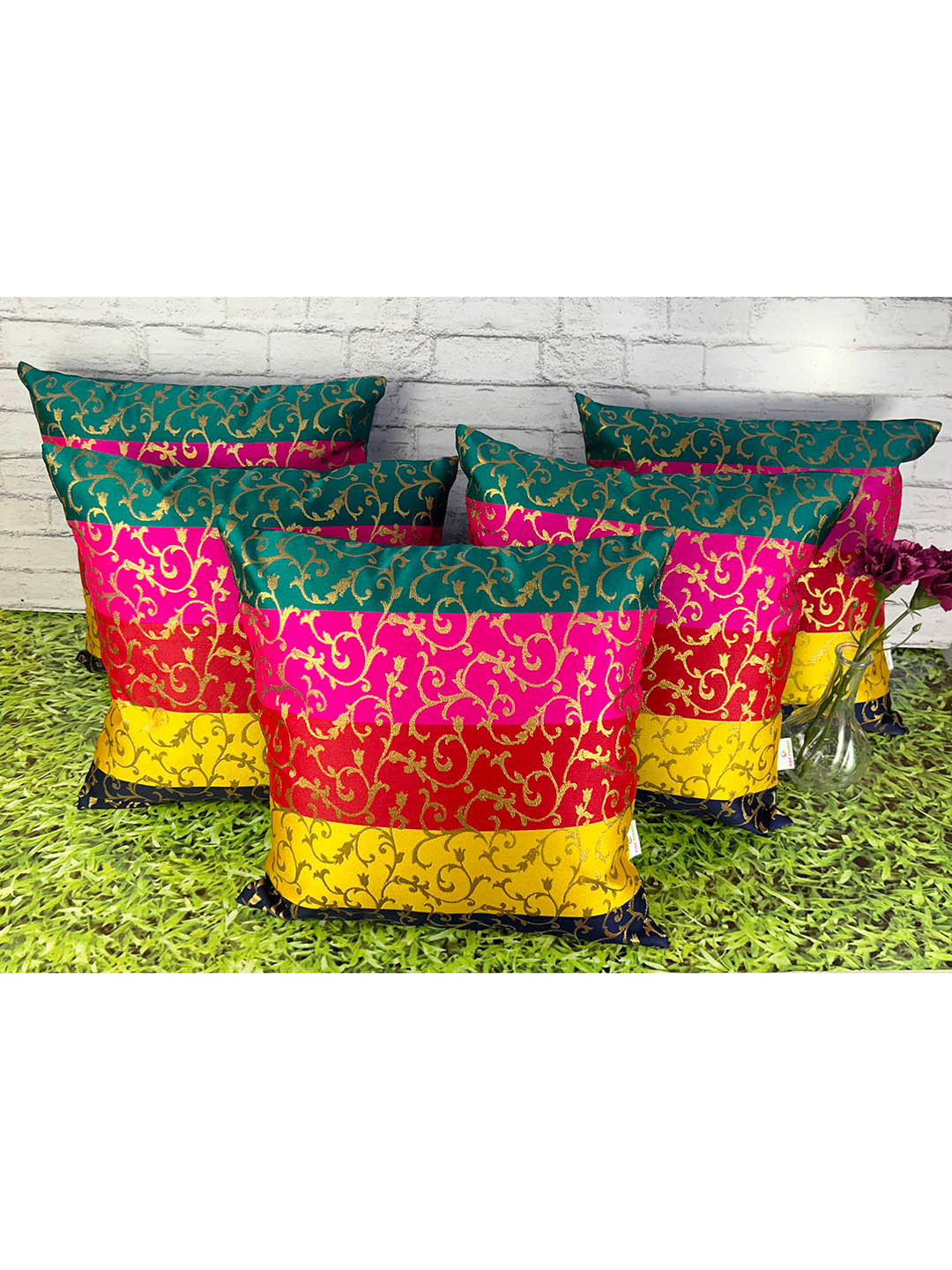 

Pink Parrot Pink & Green 5 Pcs Ethnic Motifs Square Cushion Covers