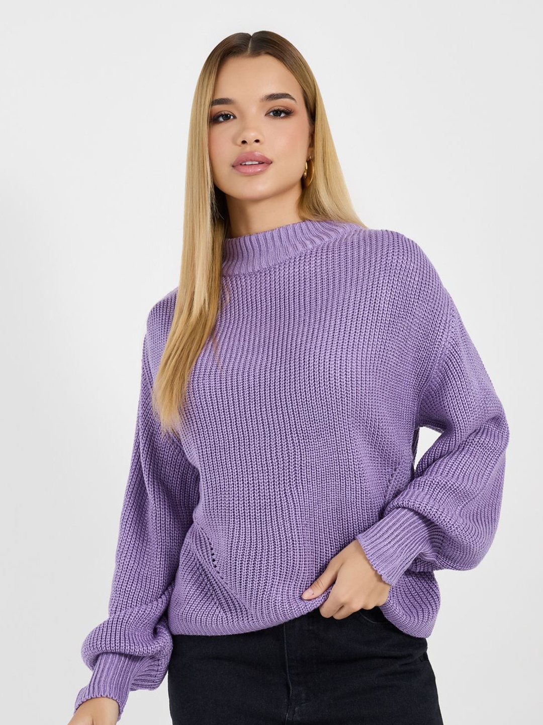 

Styli Women High Neck Volume Sleeves Jumper, Purple