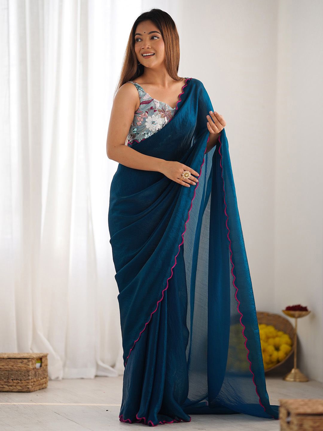 

Anouk Embroidered Party Wear Saree, Teal