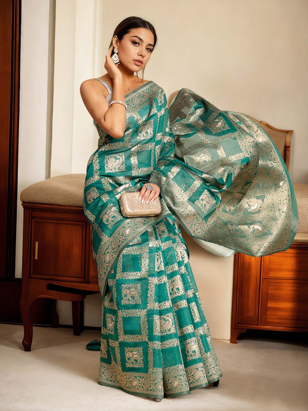 

Anouk Woven Design Chanderi Saree, Green