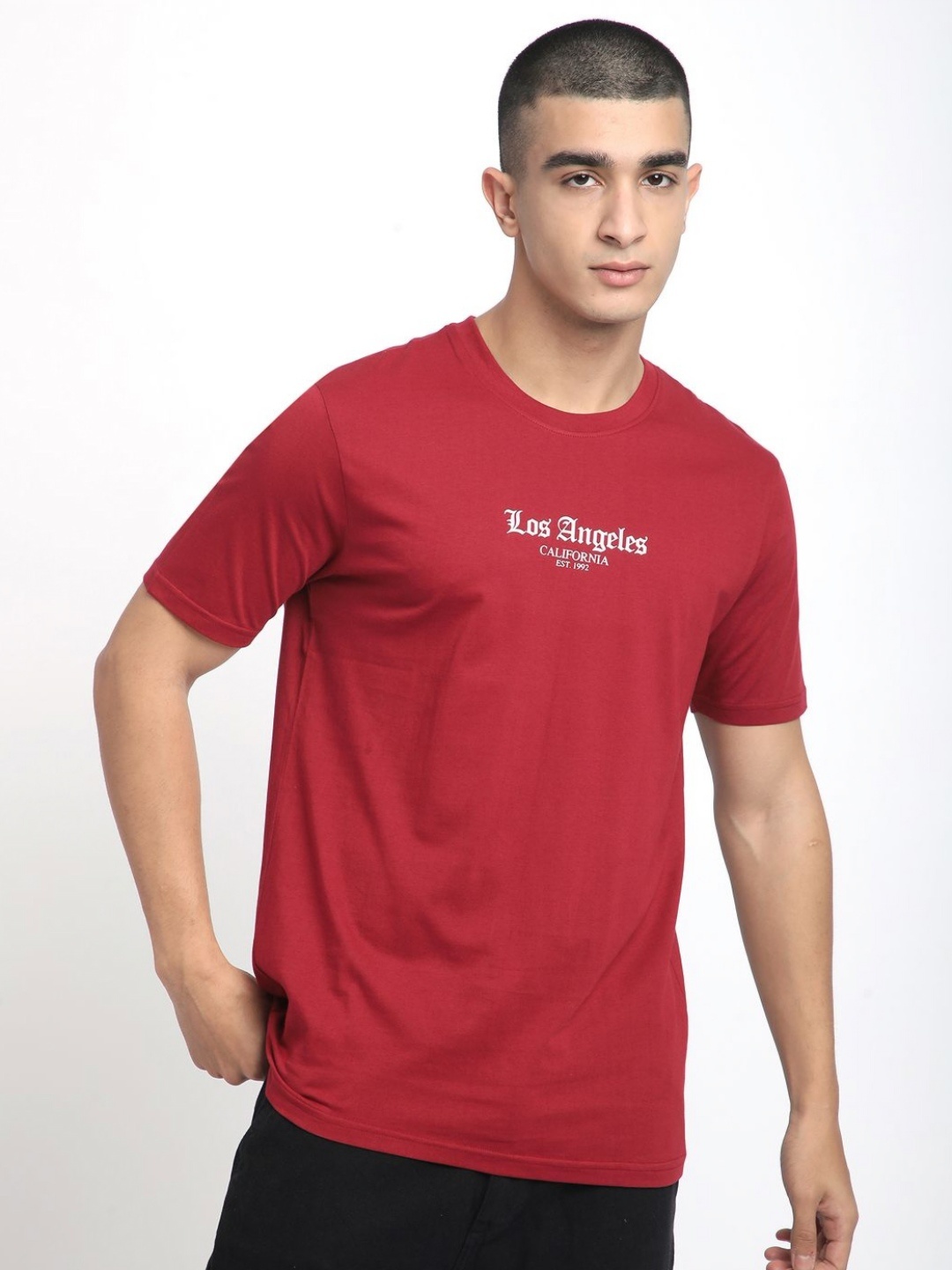 

R&B Men Typography Printed Round Neck Cotton T-shirt, Red