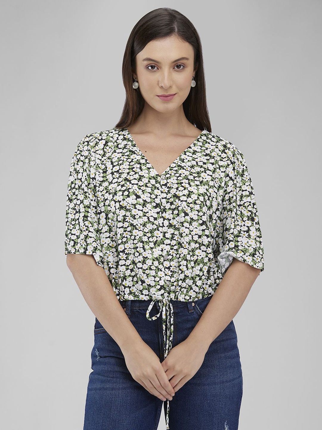 

IZEL Floral Print Flared Sleeve Crop Top, Black