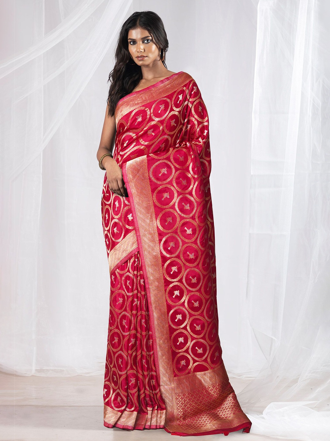 

Unnati Silks Woven Design Zari Pure Silk Banarasi Saree, Pink
