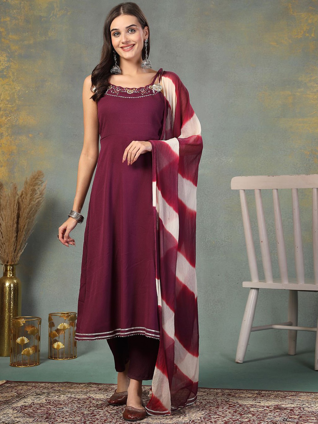 

Stylum Women Gotta Patti Lace Frills Bows and Ruffles Crepe Kurta, Purple