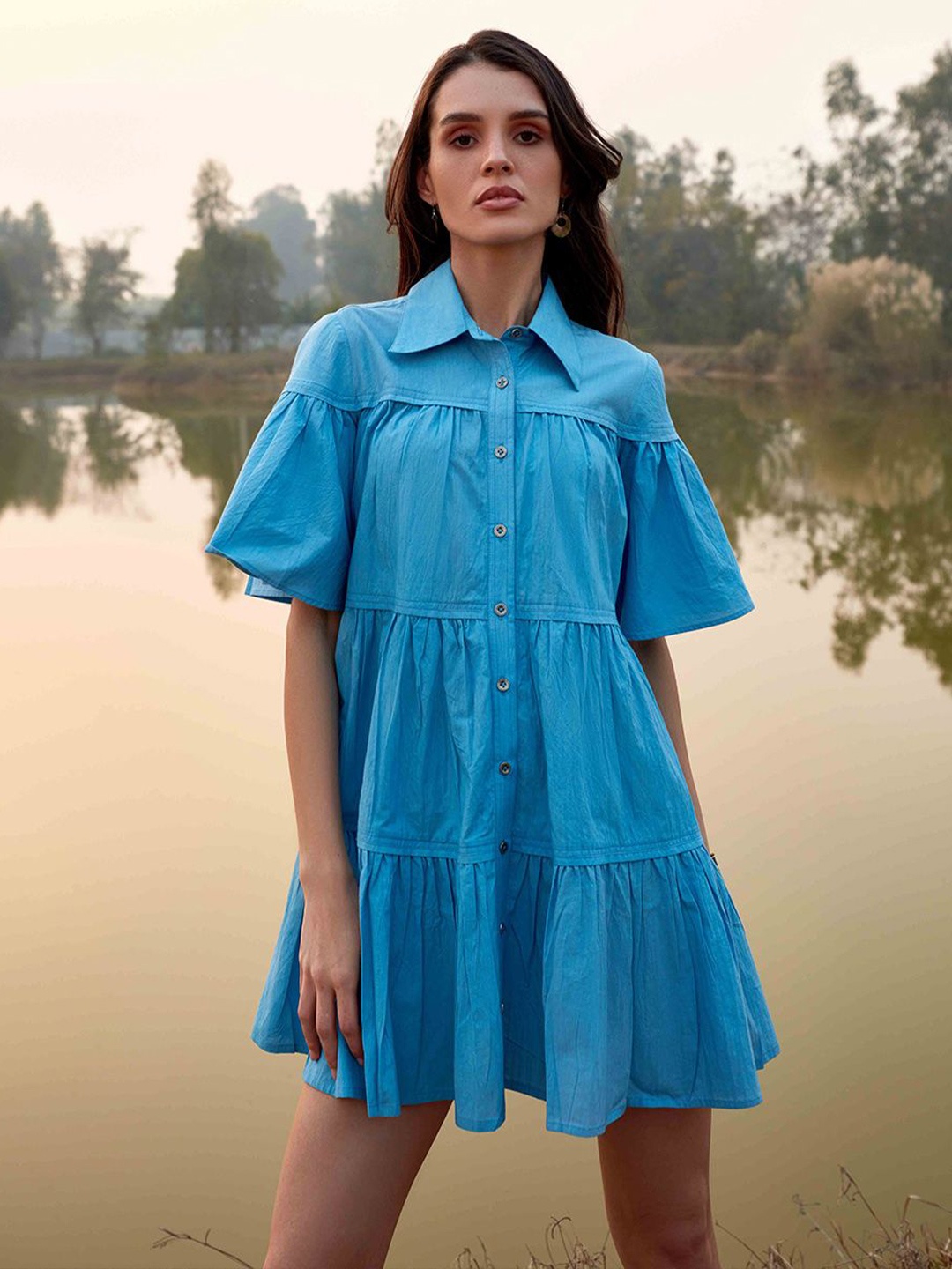 

Abhishti Flared Sleeve Shirt Dress, Blue