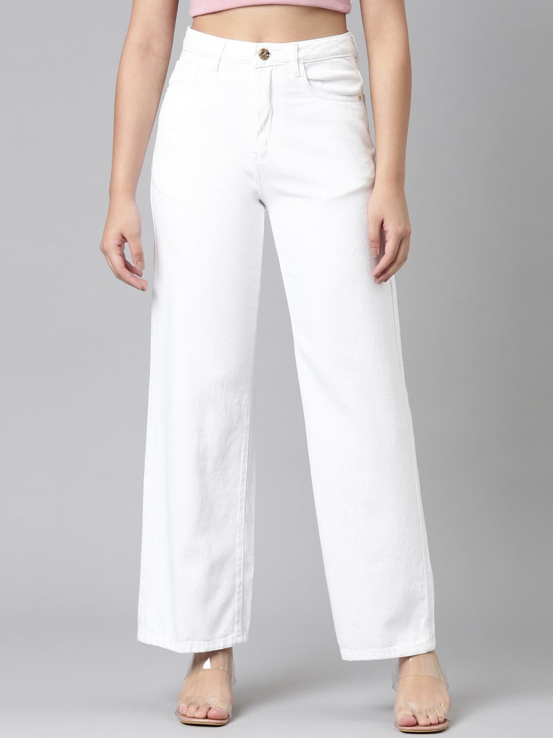 

ZHEIA Women Cotton Wide Leg High-Rise Jeans, White
