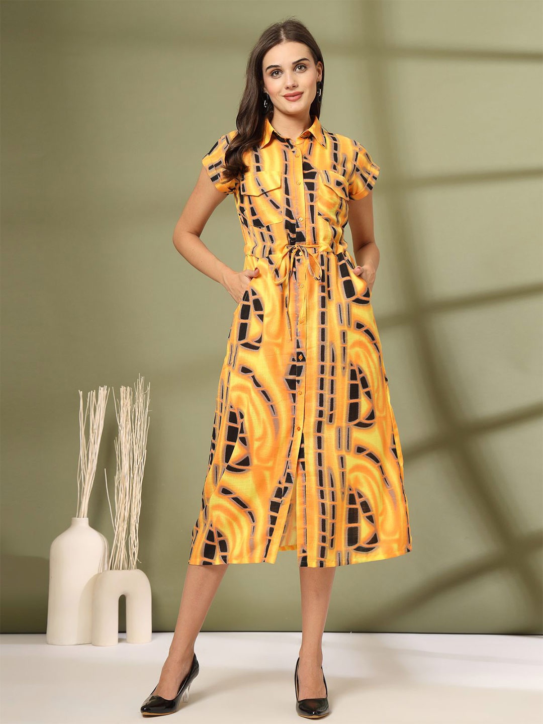 

plusS Women Printed Shirt Coller A-Line Cotton Midi Dress, Mustard