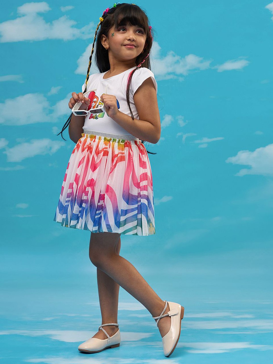 

LIL DRAMA Girls Printed Pure Cotton T-shirt with Skirt, White