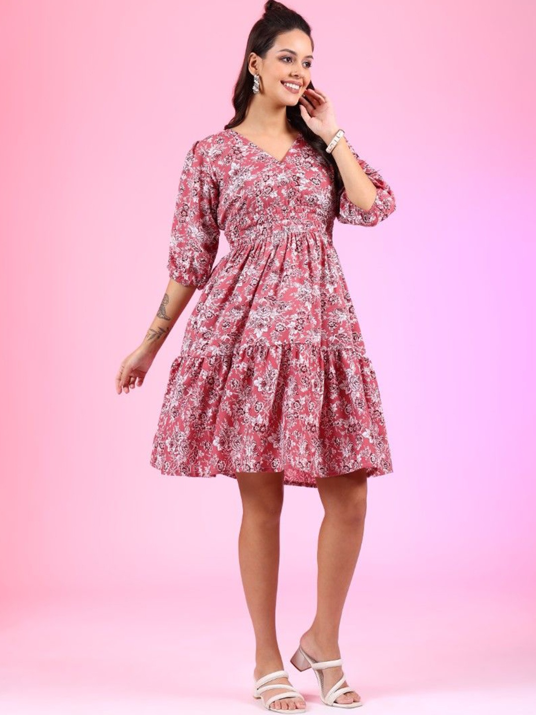 

Femvy Women Floral Printed Smocked &Tiered Fit & Flare Midi Dress, Pink