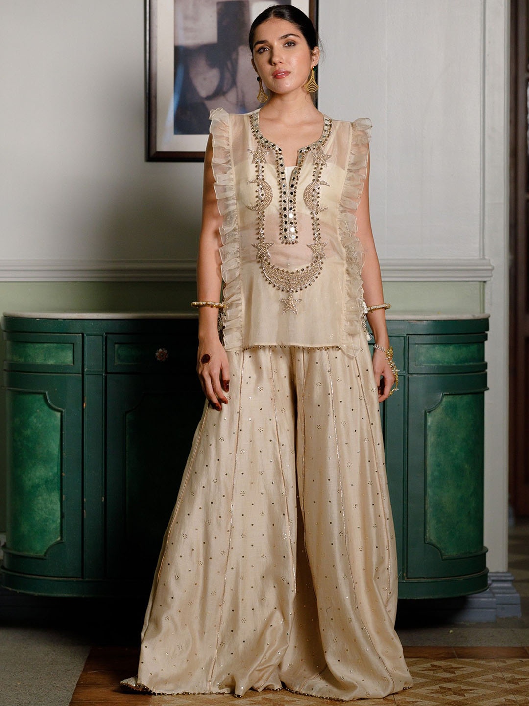 

Payal Singhal Women Ethnic Motifs Embroidered Regular Beads and Stones Kurta with Sharara, Beige