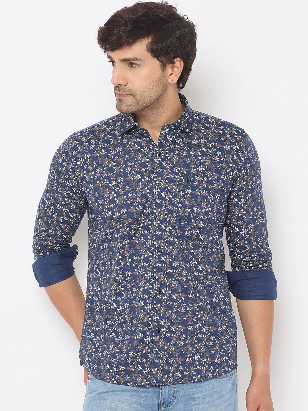 

Duke Men Spread Collar Floral Printed Cotton Slim Fit Casual Shirt, Blue