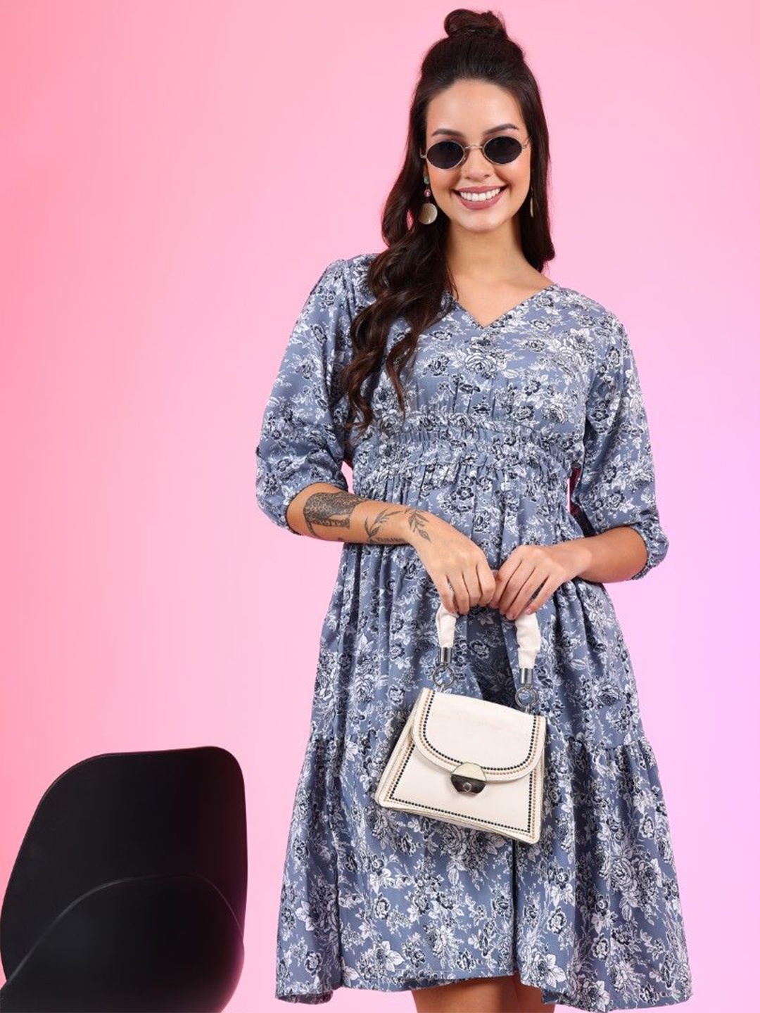 

Femvy Floral Printed V-Neck Fit & Flare Dress, Turquoise blue