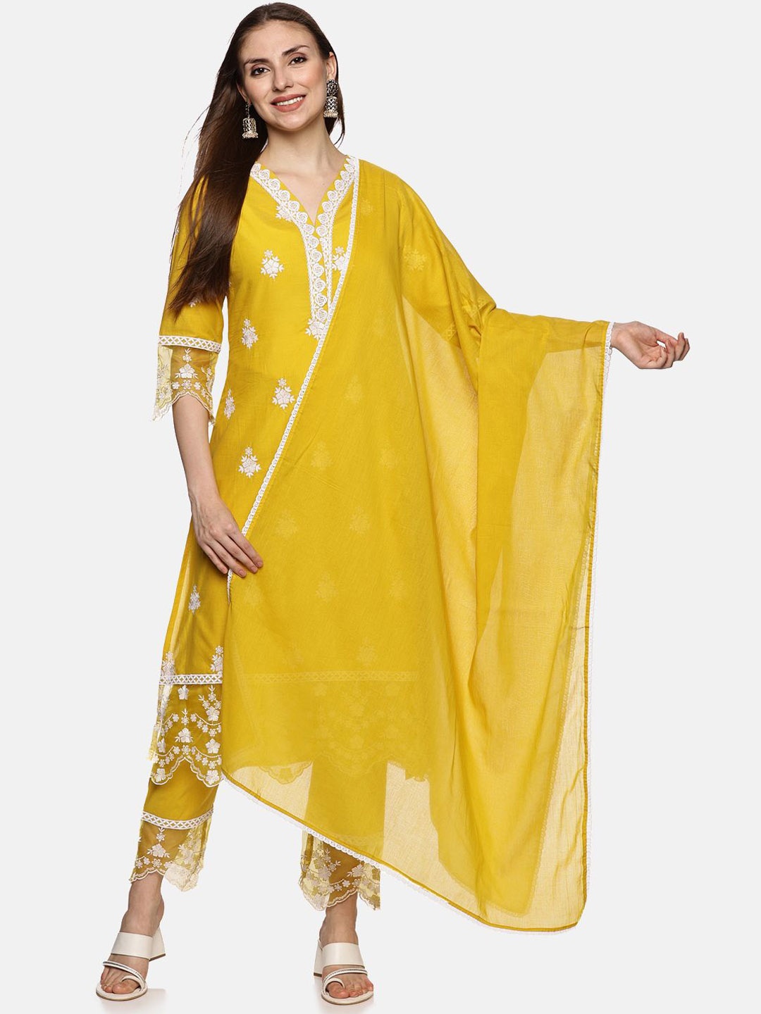 

RAJMANDIRFABRICS Floral Embroidered Mirror Work Pure Cotton Kurta With Trousers & Dupatta, Yellow