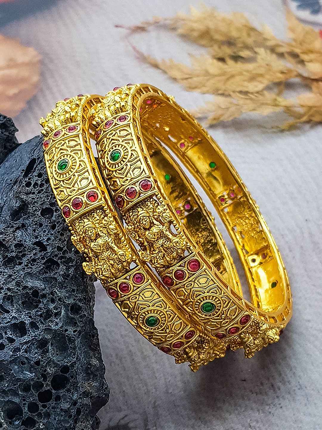 

GRIIHAM Set Of 2 Gold-Plated AD-Studded Laxmi Bangles