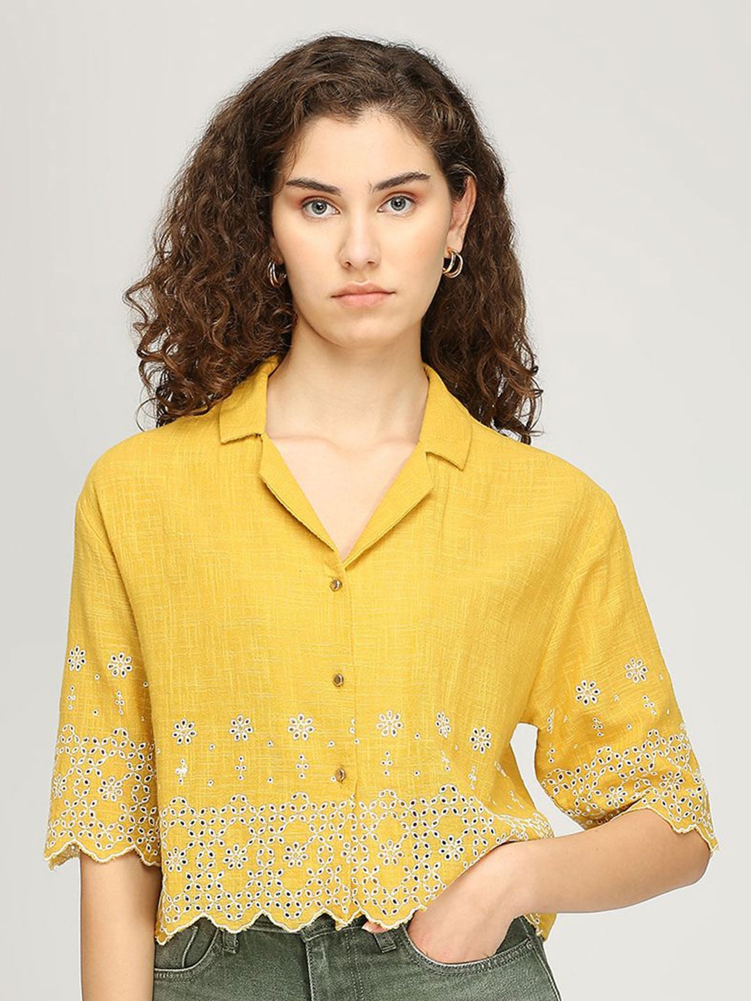 

IZEL Women Embroidered Cotton Schiffli Shirt Style Crop Top, Mustard