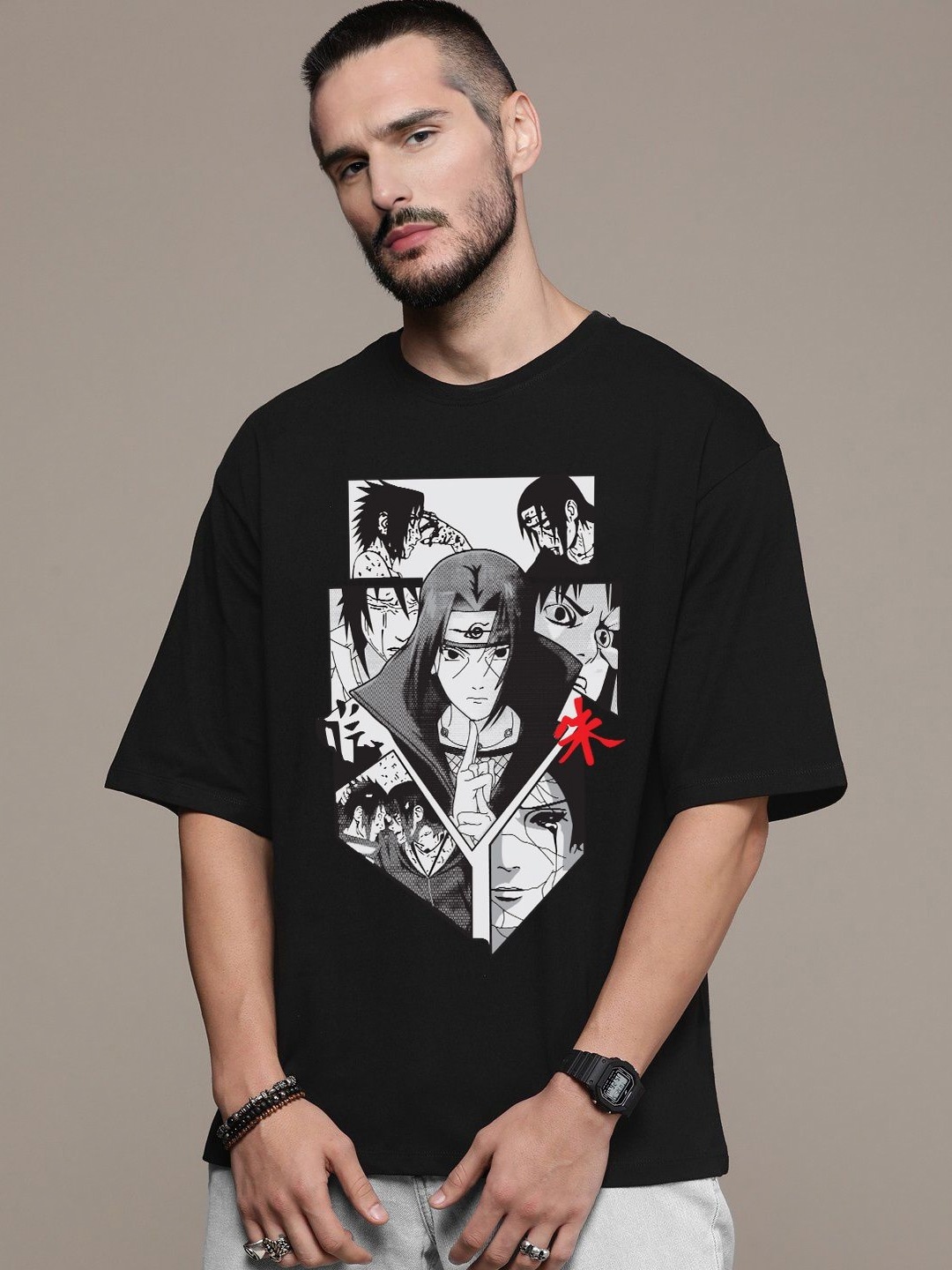 

Manlino Unisex Printed Applique T-shirt, Black