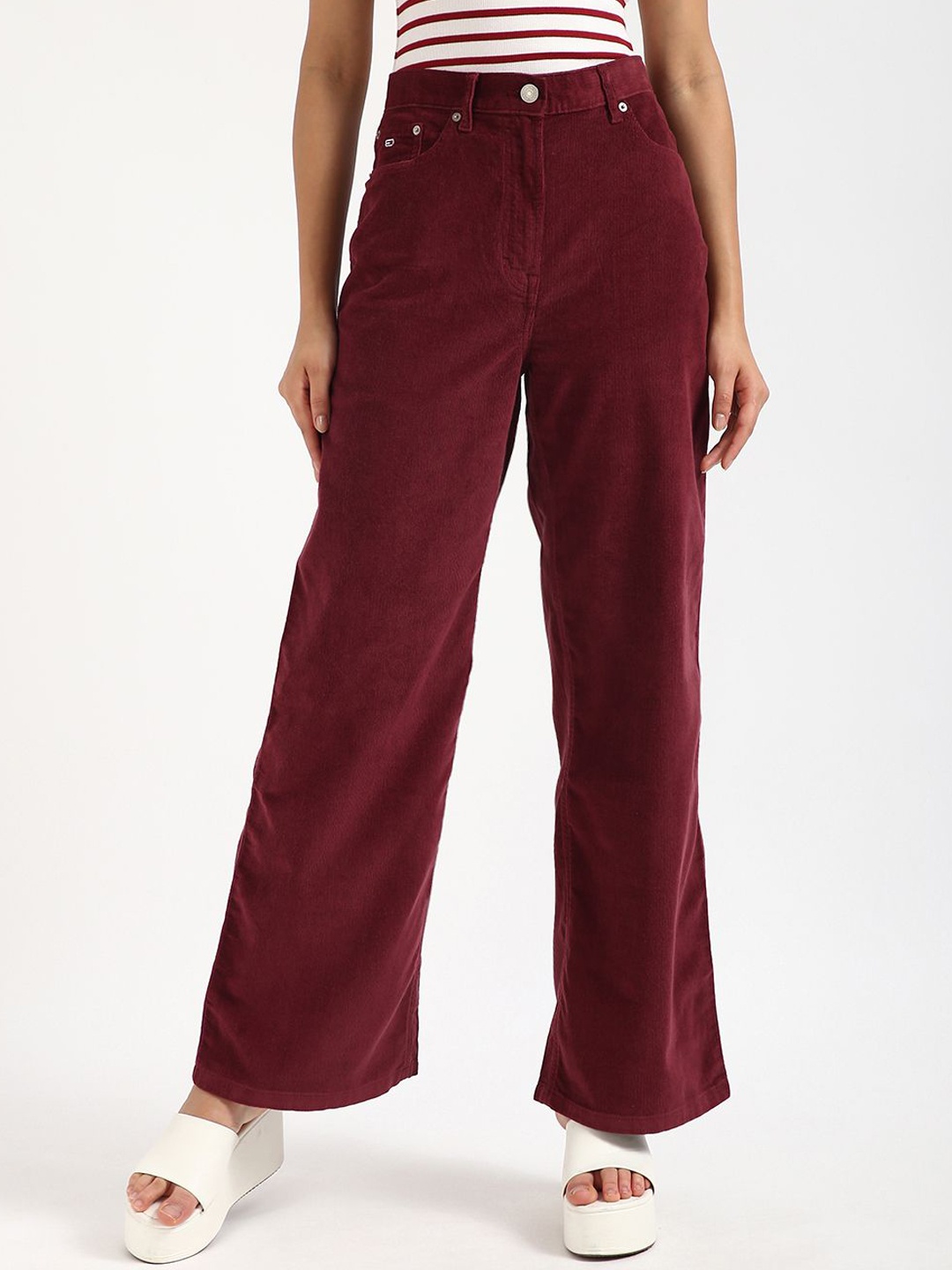 

Tommy Hilfiger Women Cotton Embroidered Loose Fit Trousers, Maroon