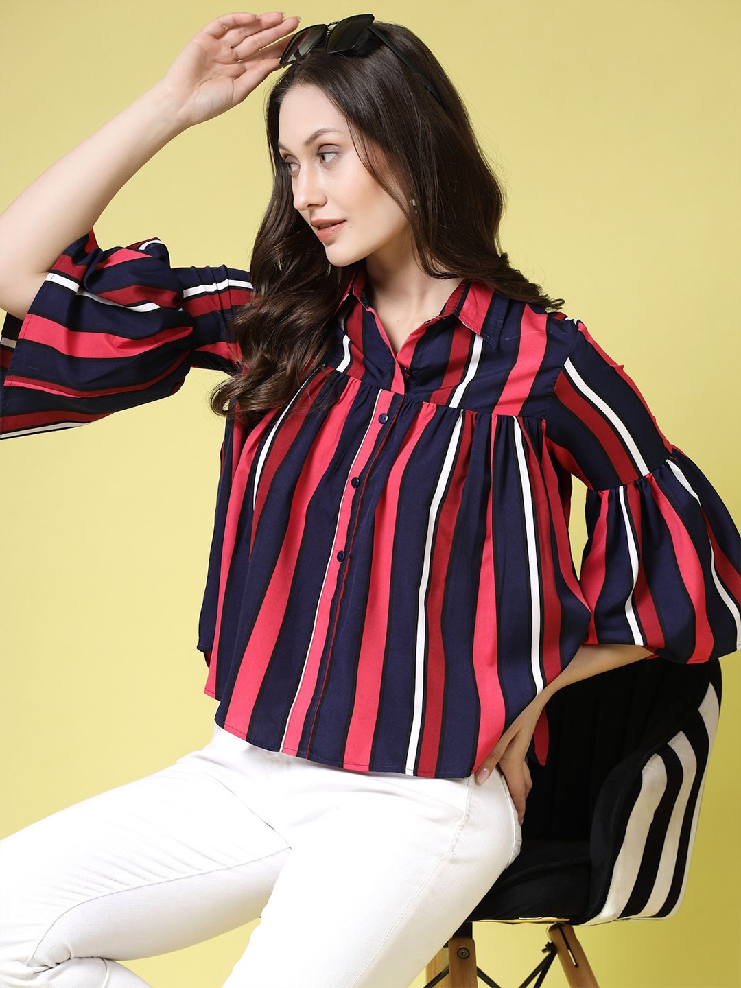 

BEING NAUGHTY Women Vertical Striped Casual Shirt, Pink