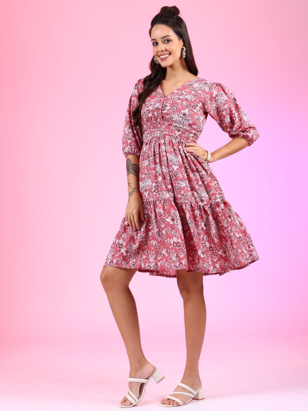 

Raiyani Enterprise Print Crepe Fit & Flare Midi Dress, Pink