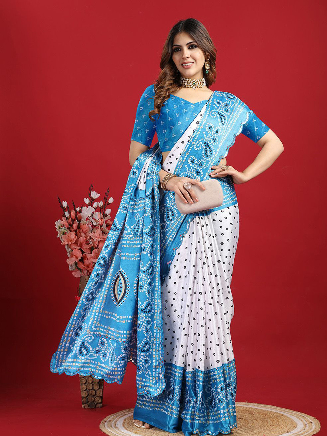 

A.V.M Prints Bandhani Mirror Work Silk Blend Bandhani Saree, White