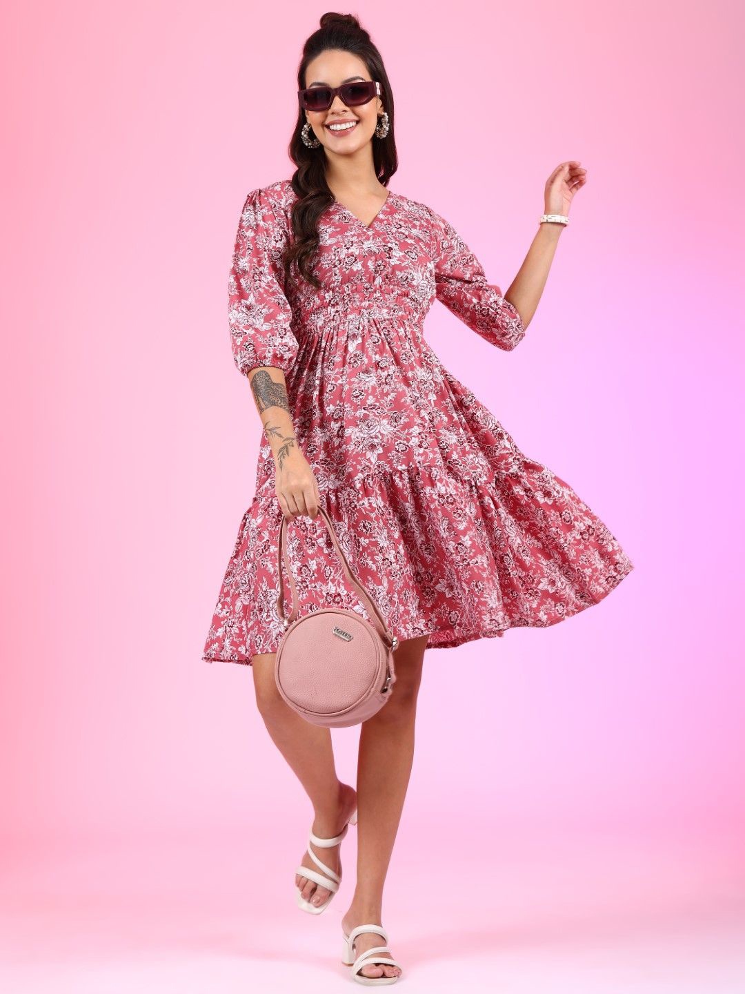 

Raiyani Enterprise Print Crepe Fit & Flare Midi Dress, Pink