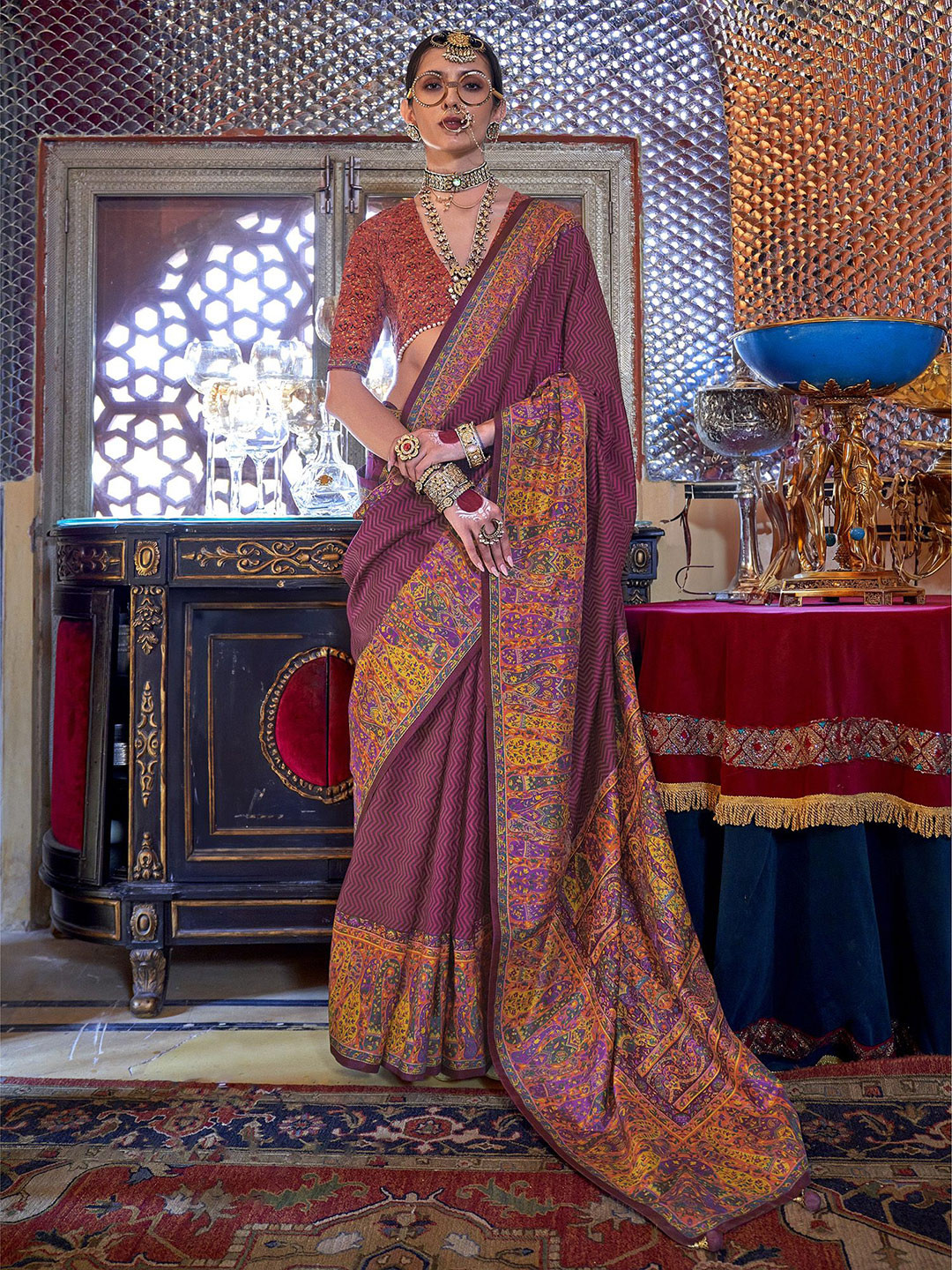 

elora Striped Silk Blend Saree, Maroon