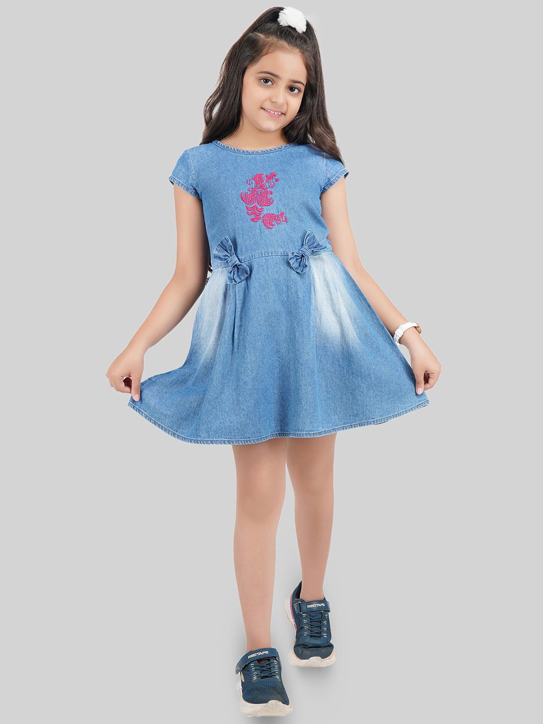 

BEING NAUGHTY Girls Printed Denim Fit and Flare Dress, Blue