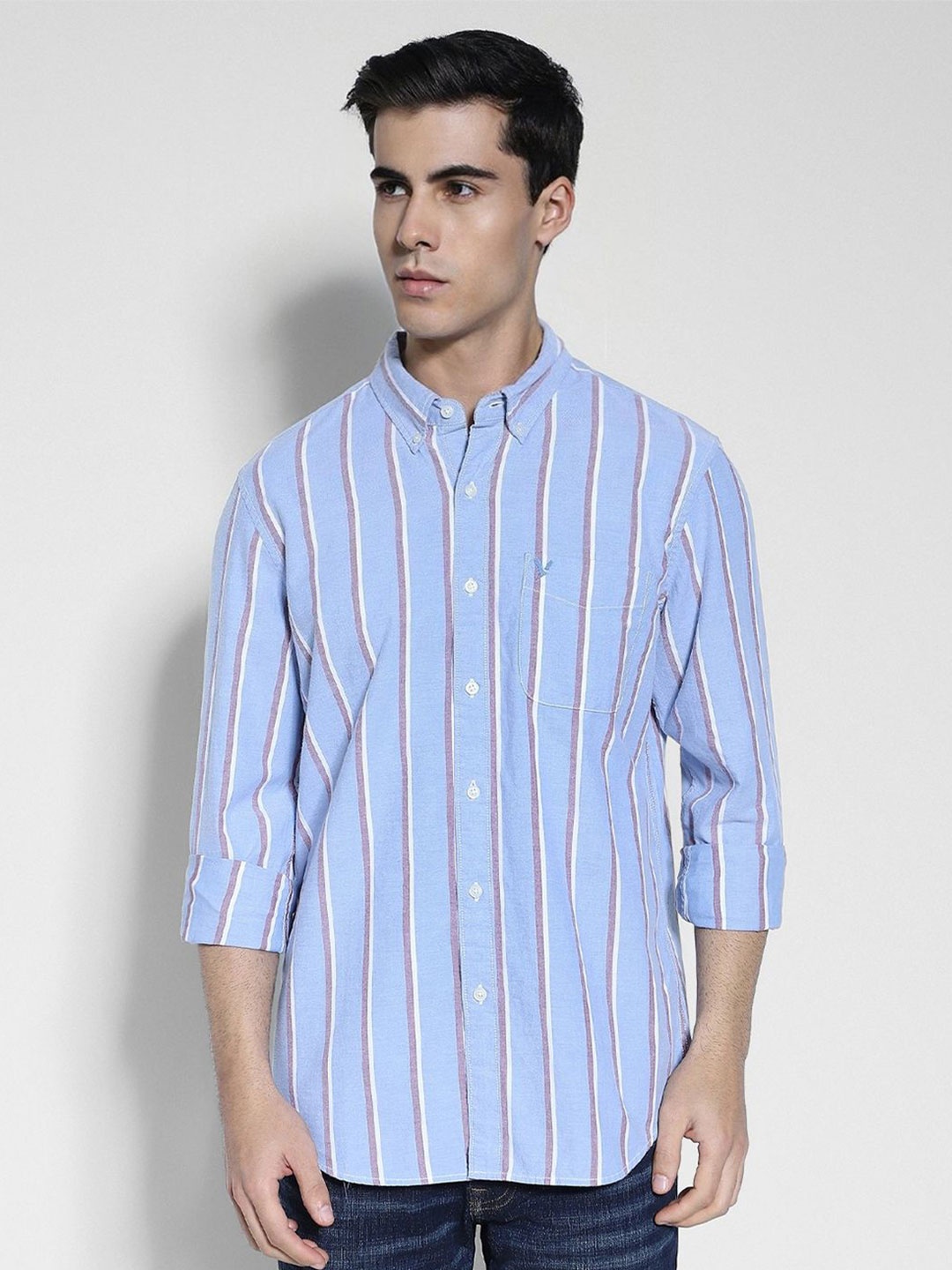 

AMERICAN EAGLE OUTFITTERS Men Vertical Striped Cotton Slim Fit Casual Shirt, Blue