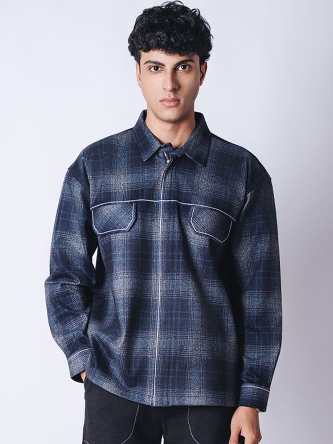 

Hop Head Flannel Flap Zipper Jacket, Navy blue