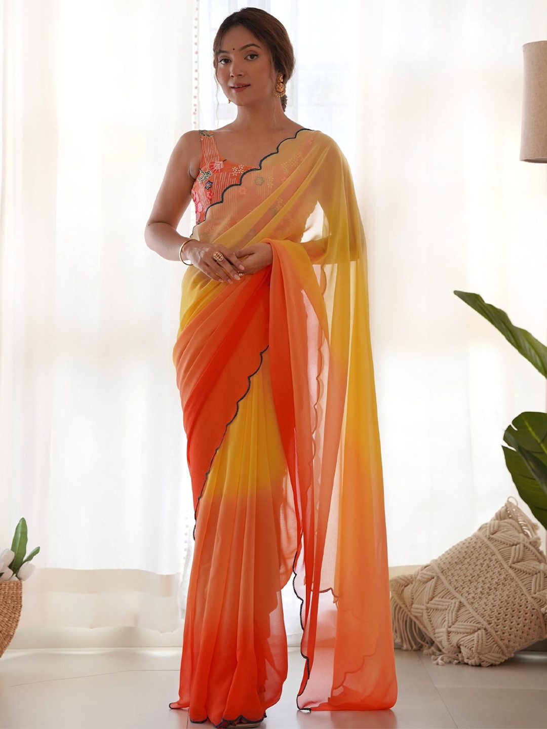 

Kalista Ombre Embroidered Pure Georgette Saree, Orange
