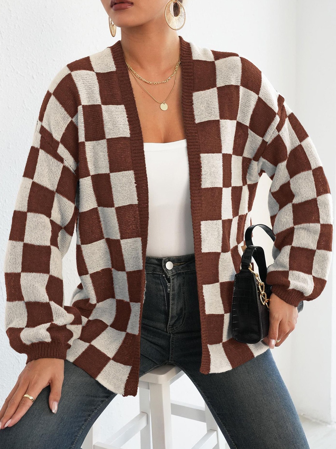 

StyleCast Women Checked Cardigan, Brown