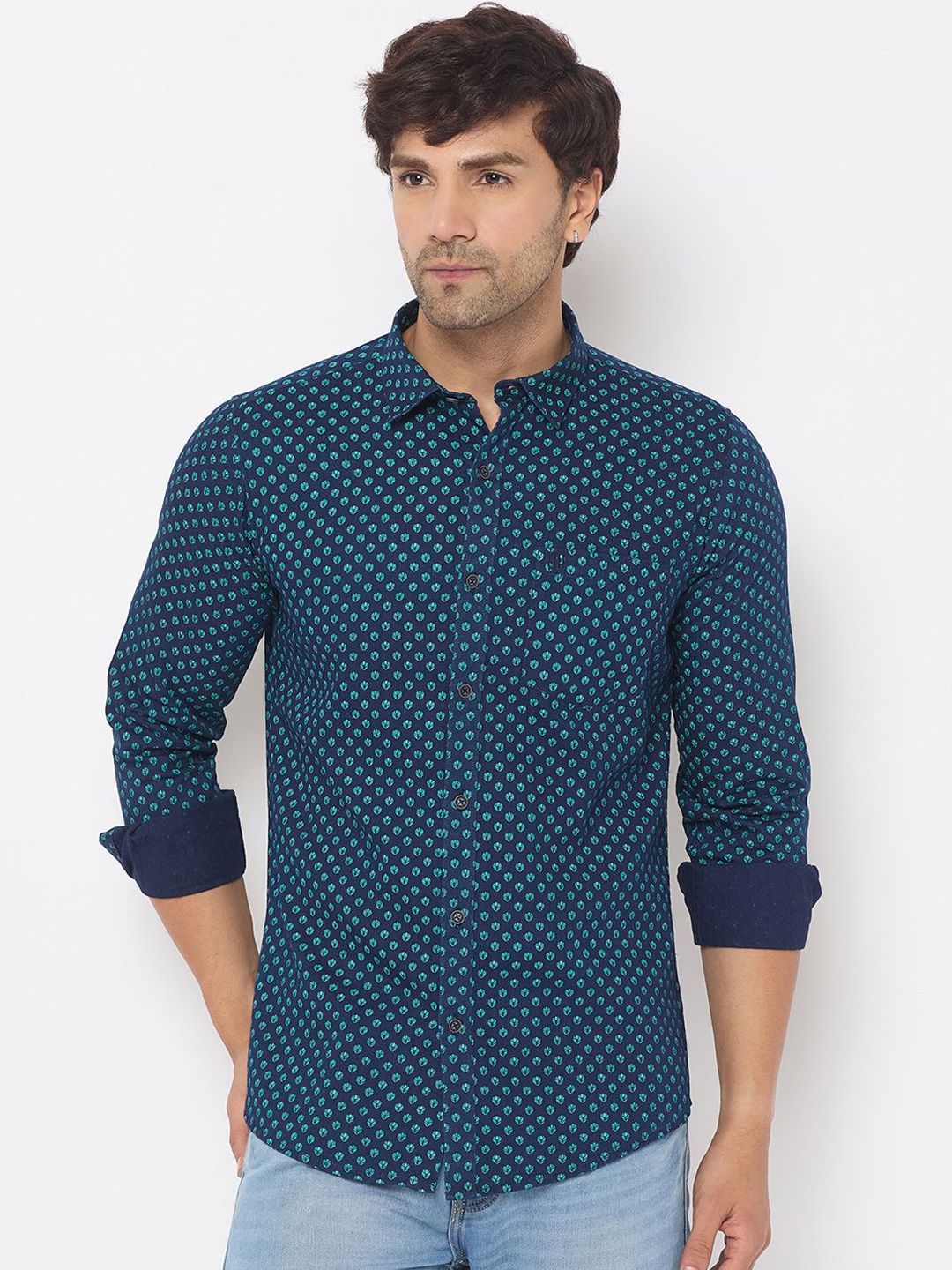 

Duke Men Spread Collar Floral Printed Cotton Slim Fit Casual Shirt, Blue
